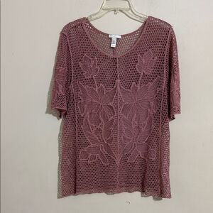 Women's Mauve Lace Overlay Short Sleeve Top size XL Summer Bohemian Lagenlook
